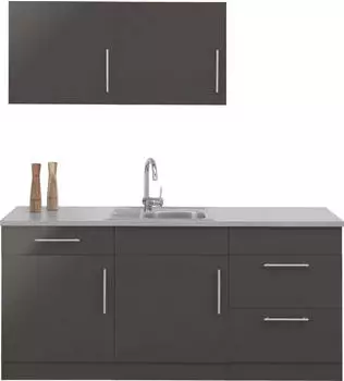 Wiho K&uuml;chen Cali K&uuml;chenzeile 180cm Front anthrazit Glanz, Arbeitsplatte Canvas Grau