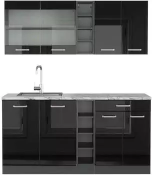 VICCO R-Line Singlek&uuml;che Schwarz Hochglanz/Anthrazit 160 cm AP Marmor (800000826941)