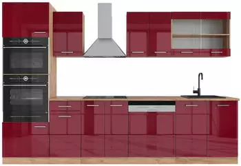 VICCO K&uuml;chenblock R-Line 300cm Mikrowellenumbauschrank Bordeaux Hochglanz/Goldkraft Eiche (1519)