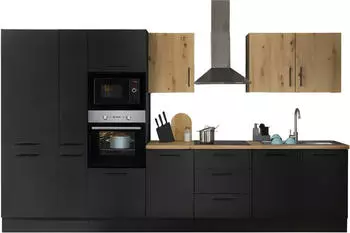 Basic By Balculina Turin Küchenzeile schwarz matt Woodprint, Artisan Eiche, 360cm (Turin)
