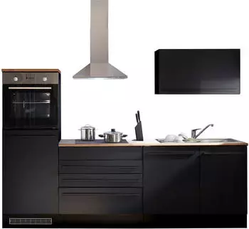 Basic By Balculina Jazz K&uuml;chenzeile 260cm schwarz matt, Arbeitsplatte Lanzelot Eichefarben