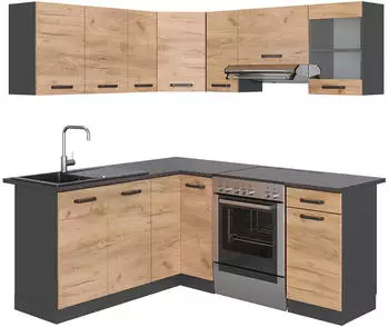VICCO K&uuml;chenzeile L-Form 167x187cm Eiche goldkraft/anthrazit (29620) (ohne E-Ger&auml;te)