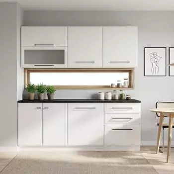 Homestyle4u K&uuml;chenzeile 200cm ohne Ger&auml;te, Wei&szlig;/Schwarz, Holz (3164)