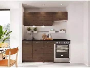Mirjan24 Mela 180 K&uuml;chenzeile 5 Module Nuss Elegant/Schwarz mit LED-Beleuchtung