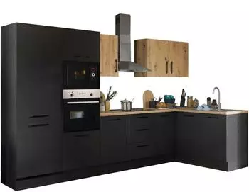 Basic By Balculina Turin Winkelk&uuml;che schwarz matt Woodprint, Artisan Eiche, 330x175cm