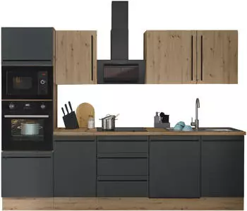 Kochstation Florida 280cm schwarz matt/Artisan Eiche