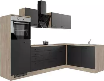 Flex-Well Capri K&uuml;chenzeile Schwarz/Endgrain Oak 280x200x60cm