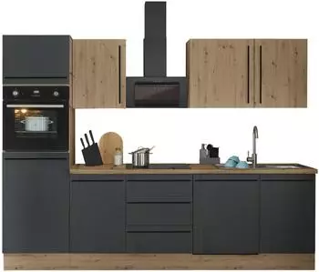 Kochstation Florida K&uuml;chenzeile 280cm Front schwarz matt/Artisan Eiche