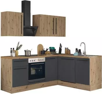 Kochstation Florida 220x175cm schwarz matt/Artisan eiche