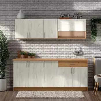 Homestyle4u K&uuml;chenzeile ohne Ger&auml;te 200cm, wei&szlig; & Eiche (2896)