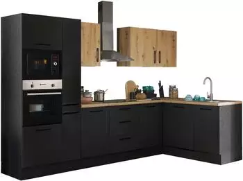 Basic By Balculina Turin Winkelk&uuml;che schwarz matt Woodprint, Artisan Eiche, 310x175cm