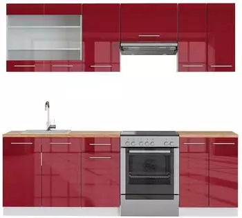 VICCO Fame-Line K&uuml;chenzeile 240cm, Bordeaux Hochglanz/Wei&szlig;, AP Eiche (42169)