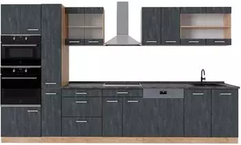 VICCO R-Line K&uuml;chenzeile 350cm, schwarz Beton/Eiche, Arbeitsplatte anthrazit (49342)