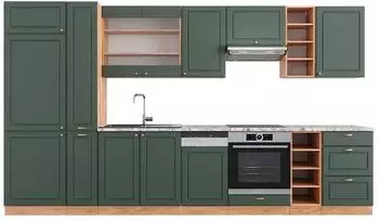 VICCO Fame-Line K&uuml;chenzeile gr&uuml;n-gold Landhaus, Arbeitsplatte Marmor, 355cm (49319)