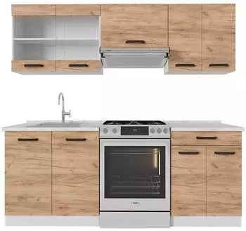 VICCO R-Line K&uuml;chenzeile 200cm, Goldkraft Eiche/wei&szlig;, Arbeitsplatte Marmor (52245)