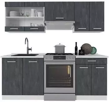 VICCO R-Line K&uuml;chenzeile 200cm schwarz Beton/wei&szlig;, ohne Arbeitsplatte (47389)
