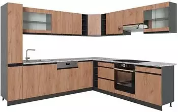 VICCO R-Line Eckk&uuml;che J-Shape 257x277cm, Goldkraft Eiche/Anthrazit, AP Marmor (43177)