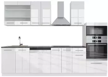 VICCO Fame-Line K&uuml;chenzeile 300cm mit Hochschrank, wei&szlig; hochglanz/wei&szlig;, AP anthrazit (42807)