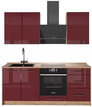 VICCO Fame-Line K&uuml;chenzeile bordeaux Hochglanz/Goldkraft Eiche, 190cm (64888)