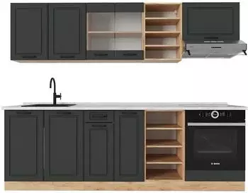 VICCO R-Line K&uuml;chenzeile anthrazit Landhaus/Goldkraft Eiche 240cm, Arbeitsplatte Marmor (54063)