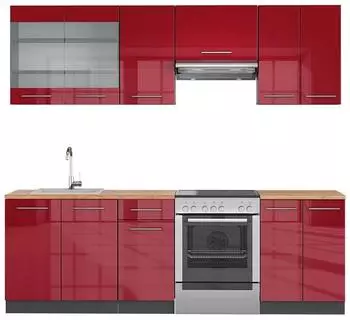 VICCO Fame-Line K&uuml;chenzeile 240cm Bordeaux Hochglanz/Anthrazit, AP Eiche (49815)