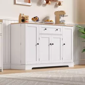 Stilvora Sideboard mit Schublade, 4 T&uuml;ren & verstellbaren Einlegeb&ouml;den, 138cm, wei&szlig;/natur (KABKK3BA901SO0L5)