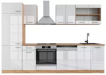 VICCO R-Line K&uuml;chenzeile 300cm, wei&szlig; Hochglanz/Goldkraft Eiche (37160)