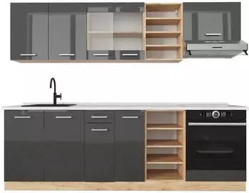 VICCO R-Line K&uuml;chenzeile 240cm, Anthrazit Hochglanz, Arbeitsplatte Marmor (42939)