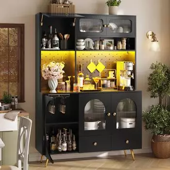 Stilvora Highboard mit LED-Beleuchtung, Steckdosen & USB, schwarz, Metall (120x176x40cm)