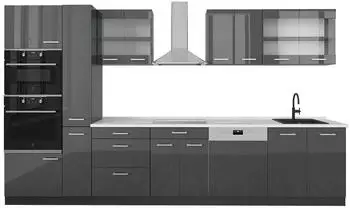 VICCO R-Line K&uuml;chenzeile anthrazit hochglanz/anthrazit, 350cm, Arbeitsplatte Marmor (53420)