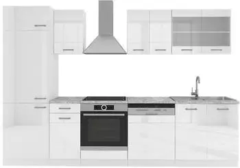 VICCO Küchenzeile R-Line weiß Hochglanz/weiß 300cm, Arbeitsplatte Marmor (29224)