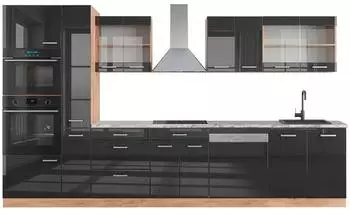 VICCO R-Line K&uuml;chenzeile 350cm anthrazit hochglanz/Goldkraft Eiche mit Hochschrank (49470)