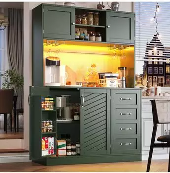 OKWISH Buffetschrank mit LED-Beleuchtung, 4 T&uuml;ren & 2 Schubladen, gr&uuml;n, 120x40x188cm