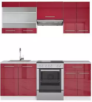 VICCO Fame-Line K&uuml;chenzeile 200cm bordeaux hochglanz, ohne Arbeitsplatte (35003)
