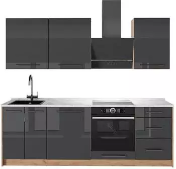 VICCO Fame-Line K&uuml;chenzeile Anthrazit Hochglanz/Goldkraft Eiche 230cm (63980)