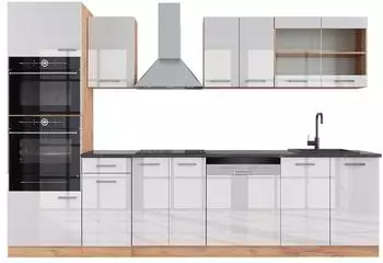 VICCO R-Line K&uuml;chenzeile 300cm mit Hochschrank, wei&szlig; Hochglanz/Goldkraft Eiche (43003)