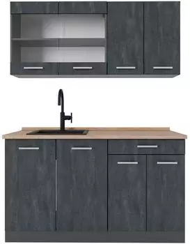 VICCO R-Line Singlek&uuml;che 140cm, schwarz Beton/Anthrazit, Arbeitsplatte Eiche (47429)