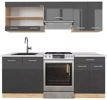 VICCO R-Line K&uuml;chenzeile 200cm, Anthrazit Hochglanz/Goldkraft Eiche, AP Marmor (42987)