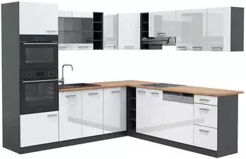 VICCO R-Line Eckk&uuml;che 237x247cm wei&szlig; Hochglanz/Anthrazit, AP Eiche (42898)