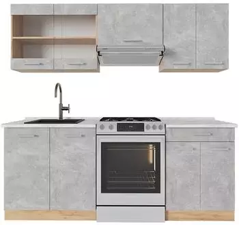 VICCO K&uuml;chenzeile R-Line Beton/Goldkraft Eiche, Arbeitsplatte Marmor, 200cm (53641)