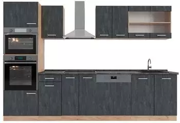 VICCO R-Line K&uuml;chenzeile 300cm, Schwarz Beton/Eiche, Arbeitsplatte Anthrazit (47369)