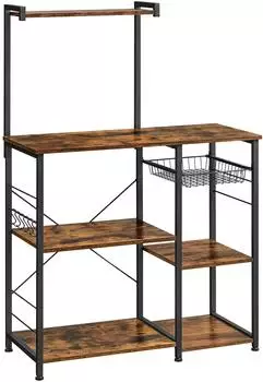 Vasagle K&uuml;chenregal mit Metallkorb, 6 Haken, 40x90x134cm, vintagebraun-schwarz (KKS35X)
