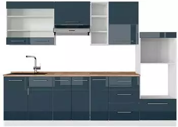 VICCO Fame-Line K&uuml;chenzeile 280cm dunkelblau Hochglanz/wei&szlig;, AP Eiche (49041)