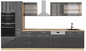VICCO R-Line K&uuml;chenzeile 350cm mit Hochschrank, Anthrazit Hochglanz/Eiche (49473)