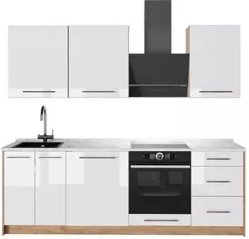 VICCO Fame-Line K&uuml;chenzeile 230cm, wei&szlig; Hochglanz/Goldkraft Eiche, AP Marmor (63999)