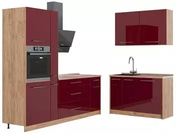 VICCO Fame-Line Eckk&uuml;che bordeaux Hochglanz/Goldkraft Eiche 220x120cm (64992)