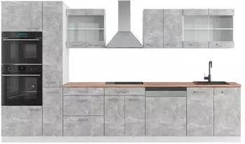 VICCO R-Line K&uuml;chenzeile 350cm mit Hochschrank, Beton/Wei&szlig;, AP Eiche (42300)