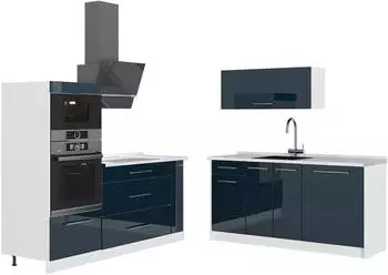 VICCO Fame-Line K&uuml;chenzeile dunkelblau Hochglanz/wei&szlig;, 340cm, Marmor-Arbeitsplatte (63739)