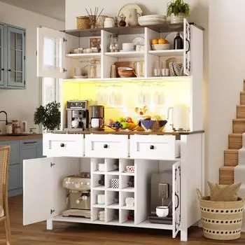 Stilvora Hochschrank wei&szlig; mit LED-Lichtleiste, 4 T&uuml;ren, 3 Schubladen, USB & Steckdosen