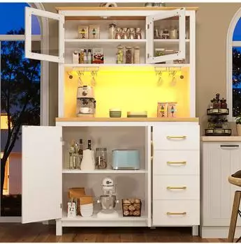 OKWISH Buffetschrank mit LED-Lichtleiste und Getr&auml;nkehalter, wei&szlig;, 105,5x40x180cm